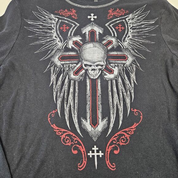 No Boundaries Shirt Mens XL Y2K Skull Cross Thermal Double Sided Grunge Black - Picture 1 of 7
